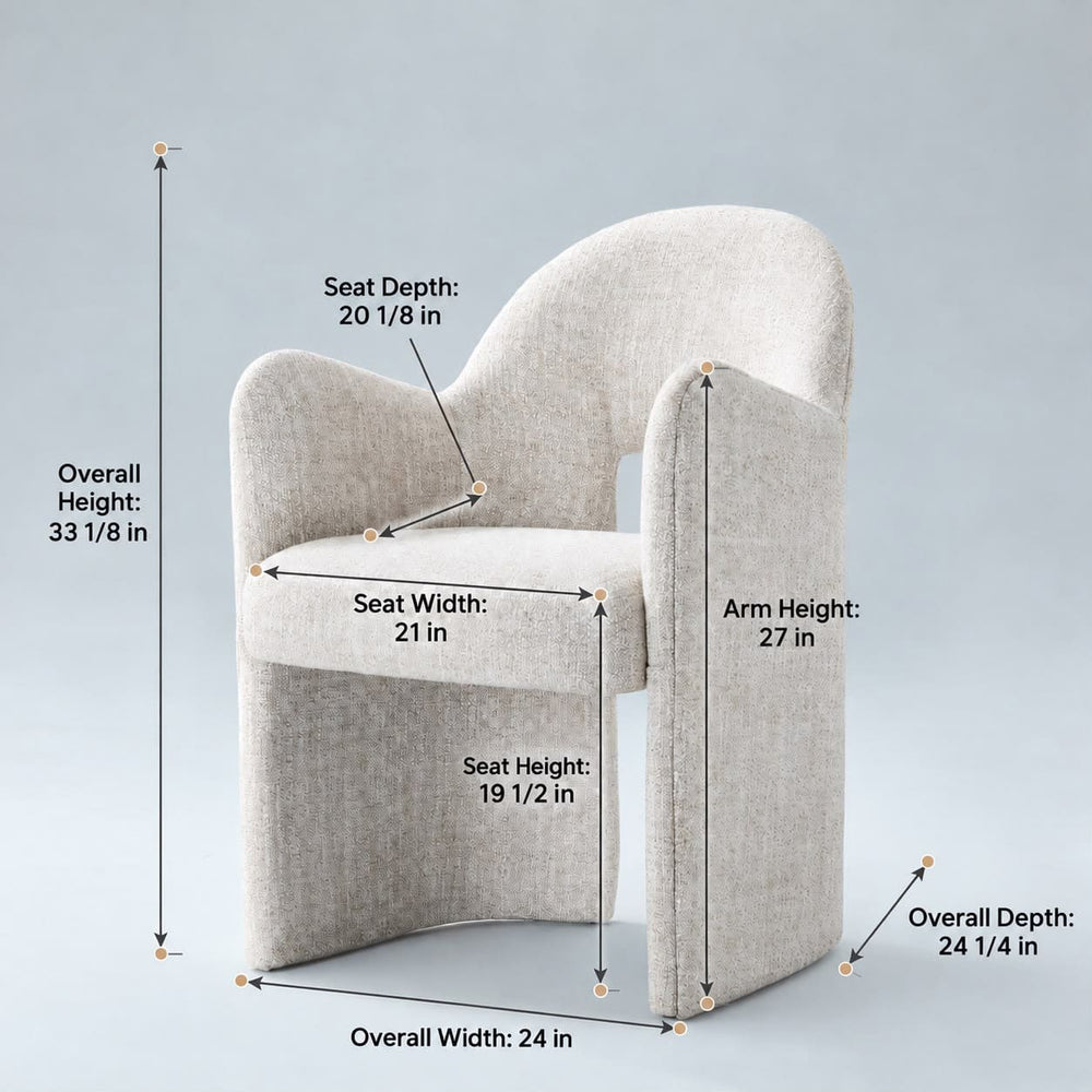 Kove white textured tweed dining armchair dimensions diagram showing overall height, width, depth, seat size, and arm height
