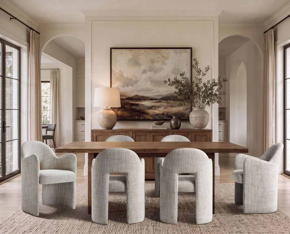 Kove white textured tweed dining armchairs around a wooden dining table, showing front and rear views