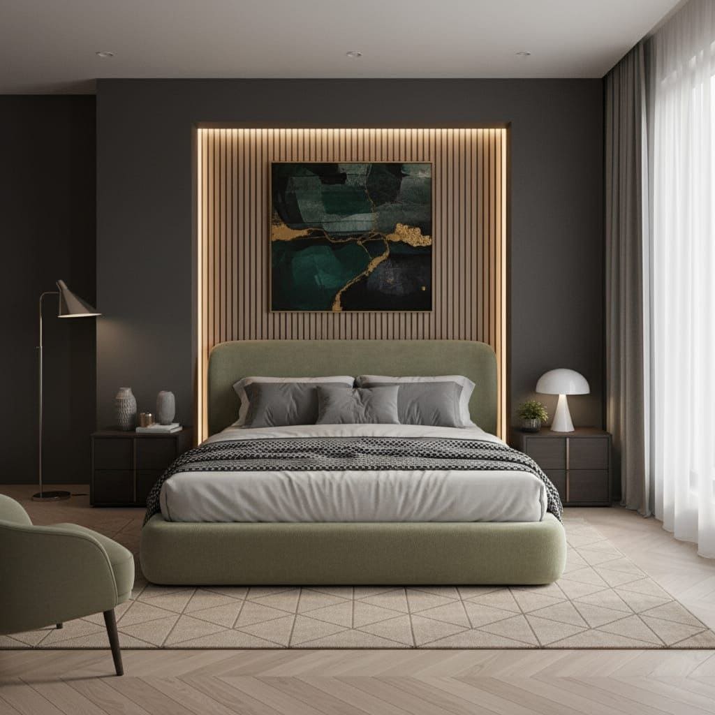Modern bedroom with a green bed, decorative headboard, and abstract painting.