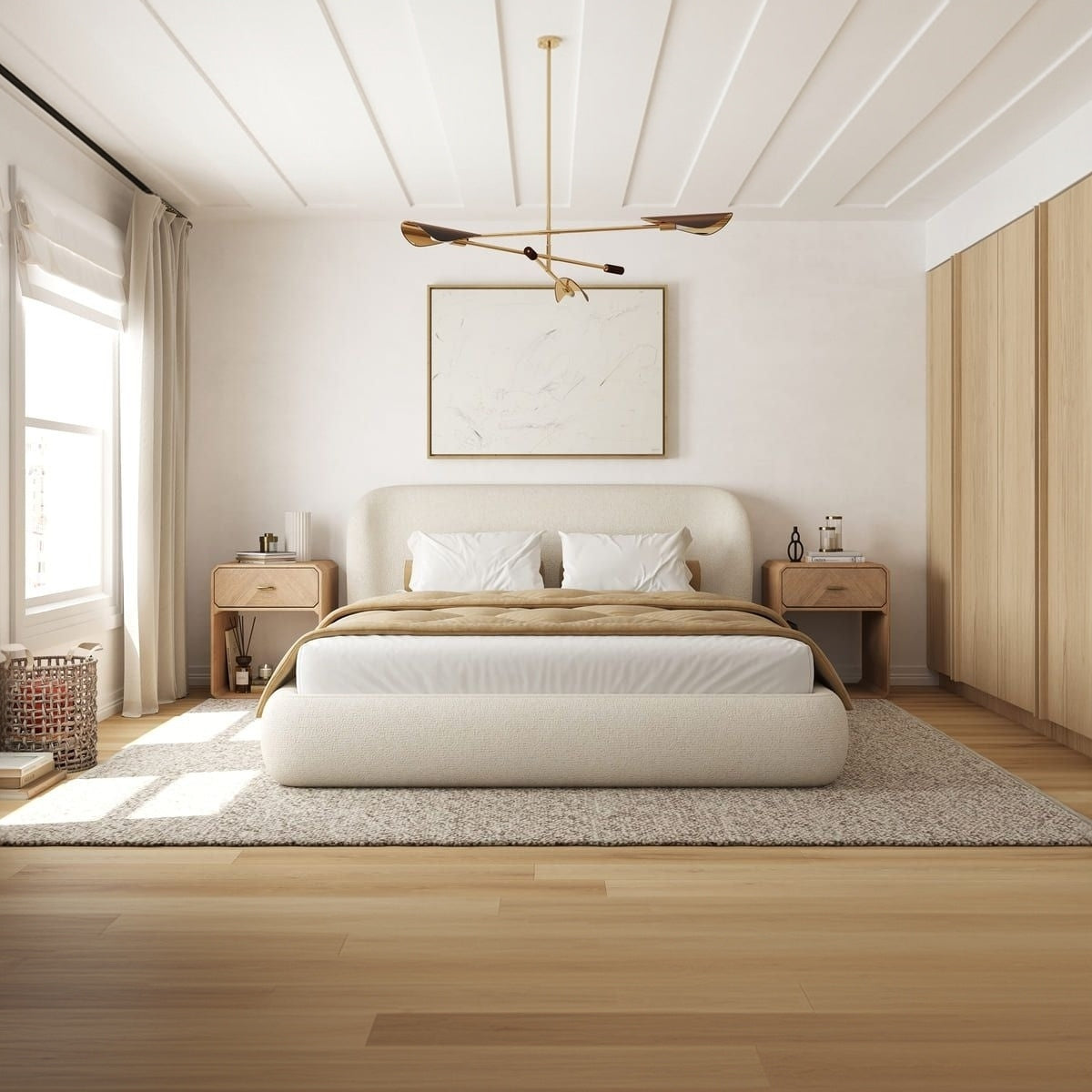 Modern storage bed - high-performance fabric upholstery in off-white