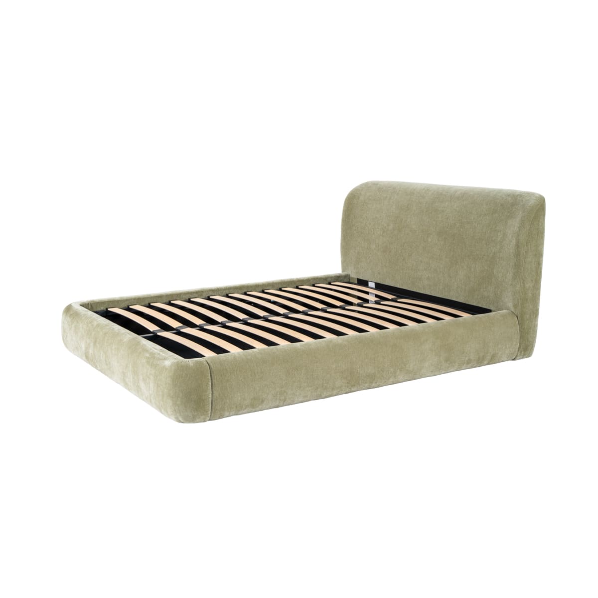 Beige upholstered bed frame on a white background