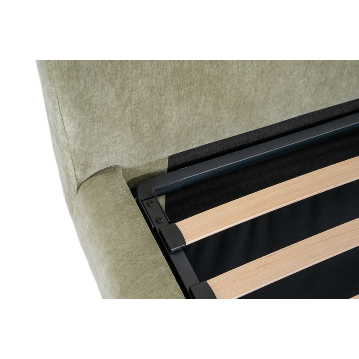 Close-up of a bed frame with wooden slats and upholstered headboard.