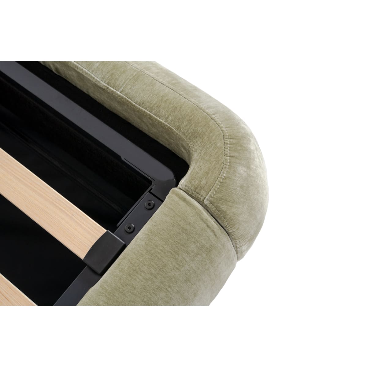 Close-up of a green cushioned headboard corner with wooden slats on a white background