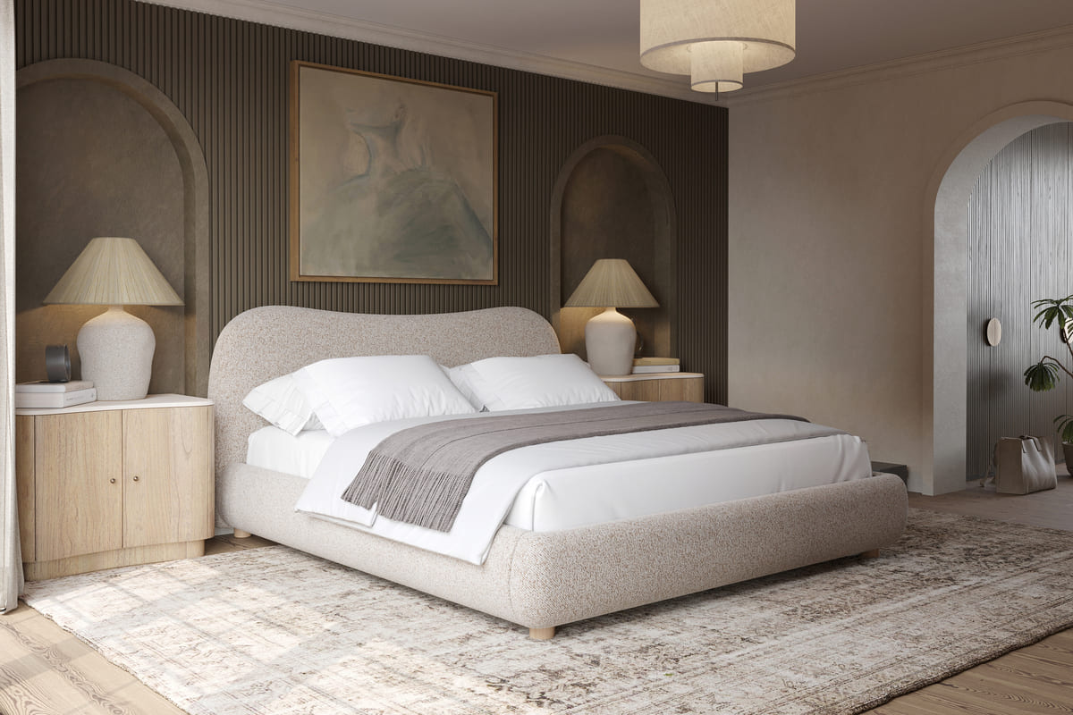 Modern bedroom with a bed, nightstands, and lamps.