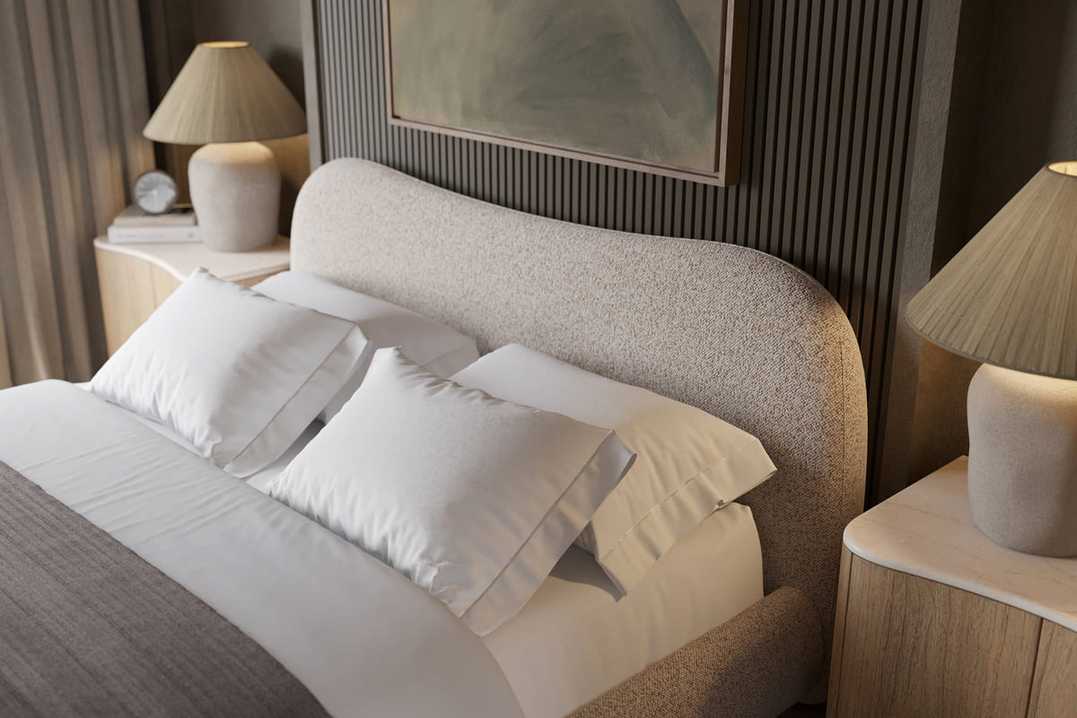 Oliver Bed in contemporary bedroom - stylish curved headboard bed