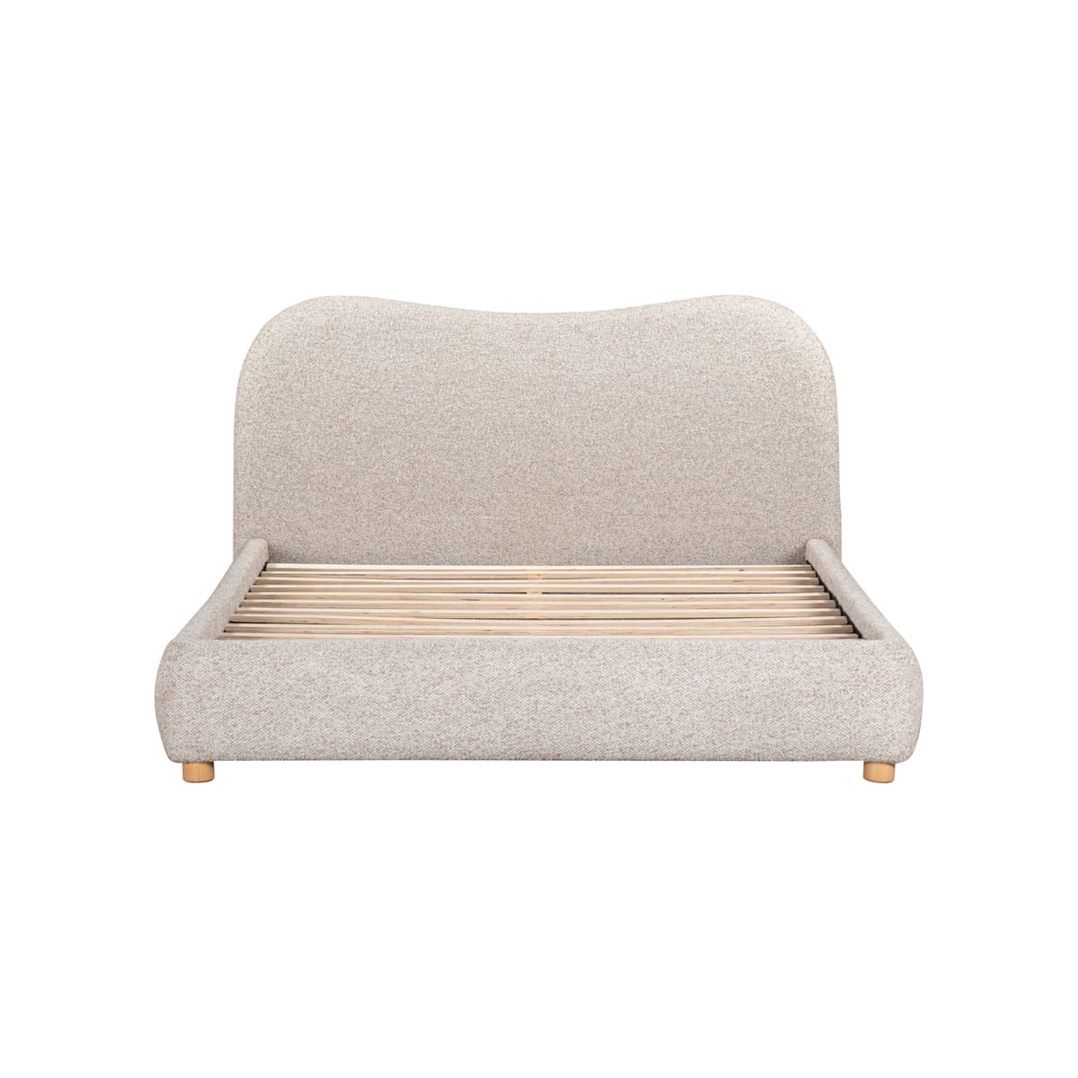 Beige upholstered bed with wooden slats on a white background