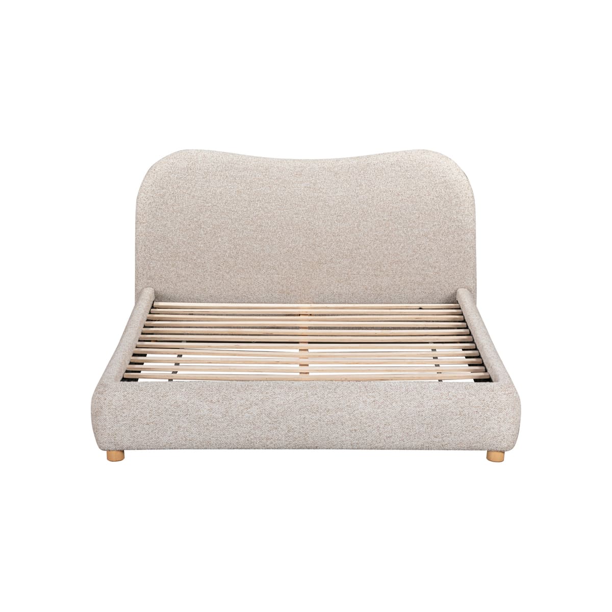 Beige upholstered bed with wooden slats on a white background