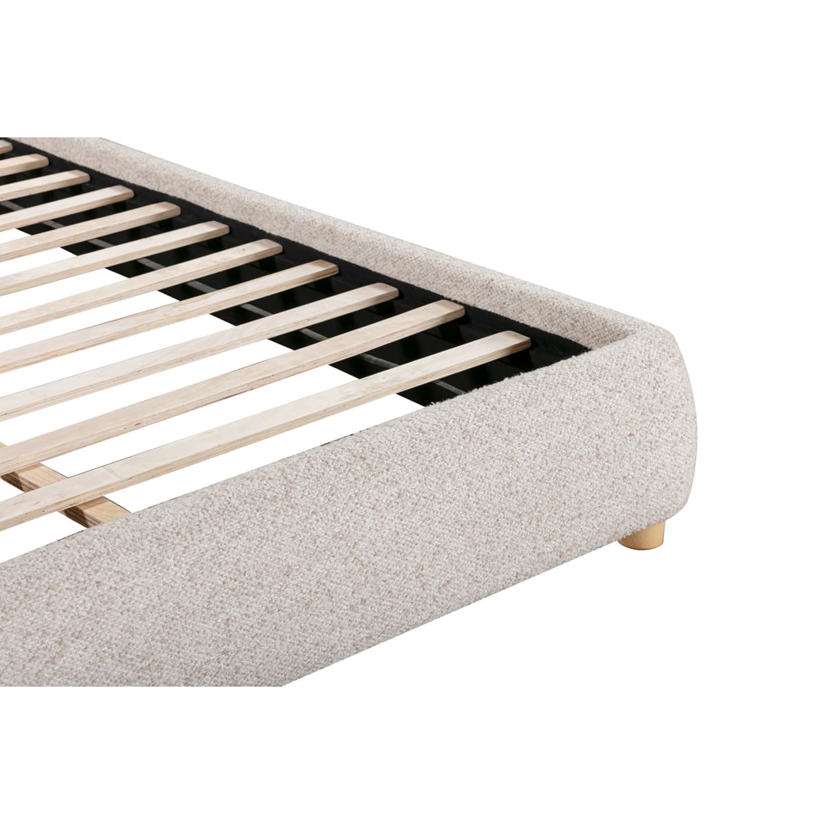 Bed frame with wooden slats on a white background