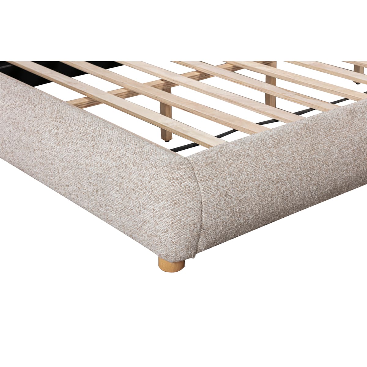 Bed frame with wooden slats and beige upholstered headboard on a white background