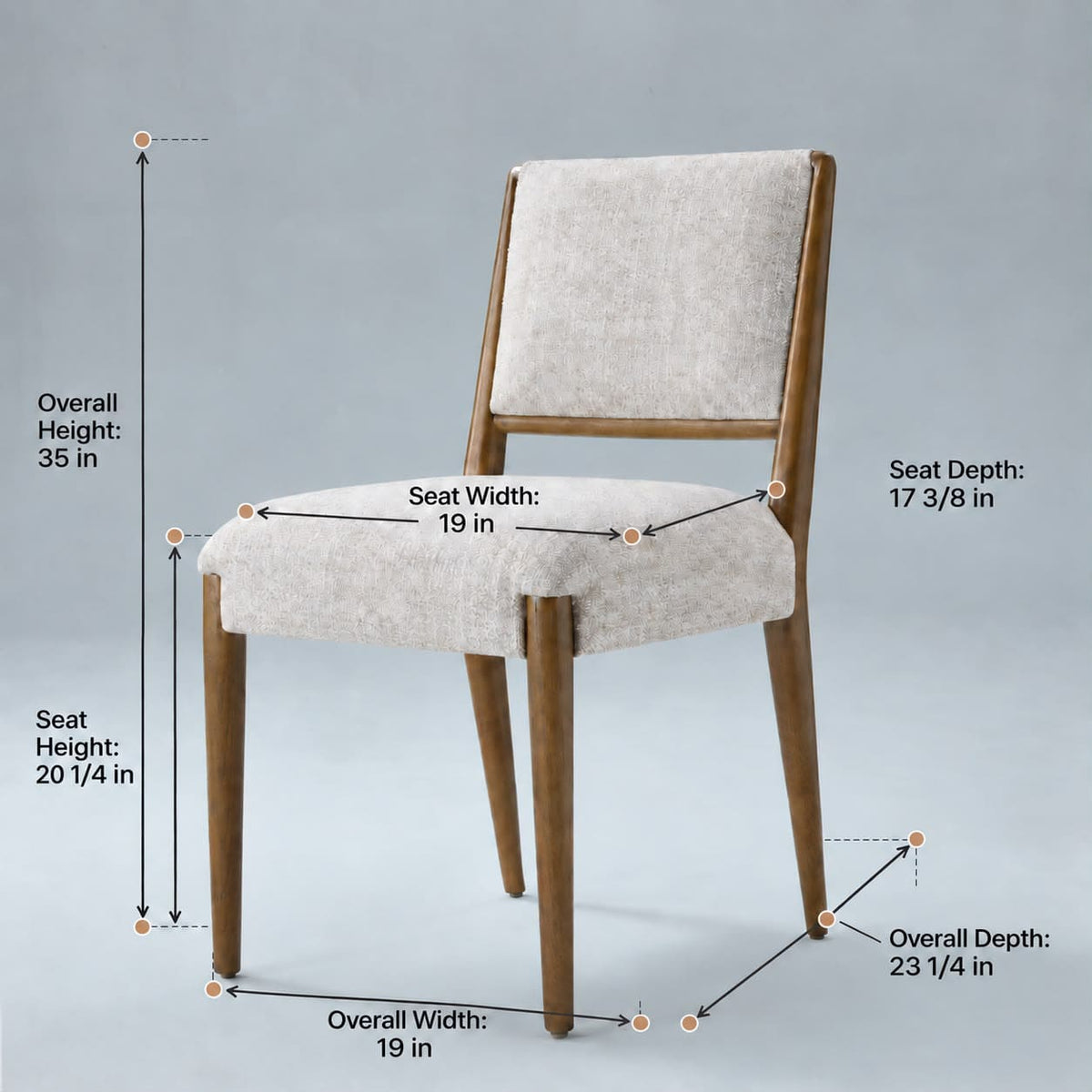 Oren oatmeal upholstered dining chair dimensions diagram showing overall height, width, depth, seat height, width, and depth