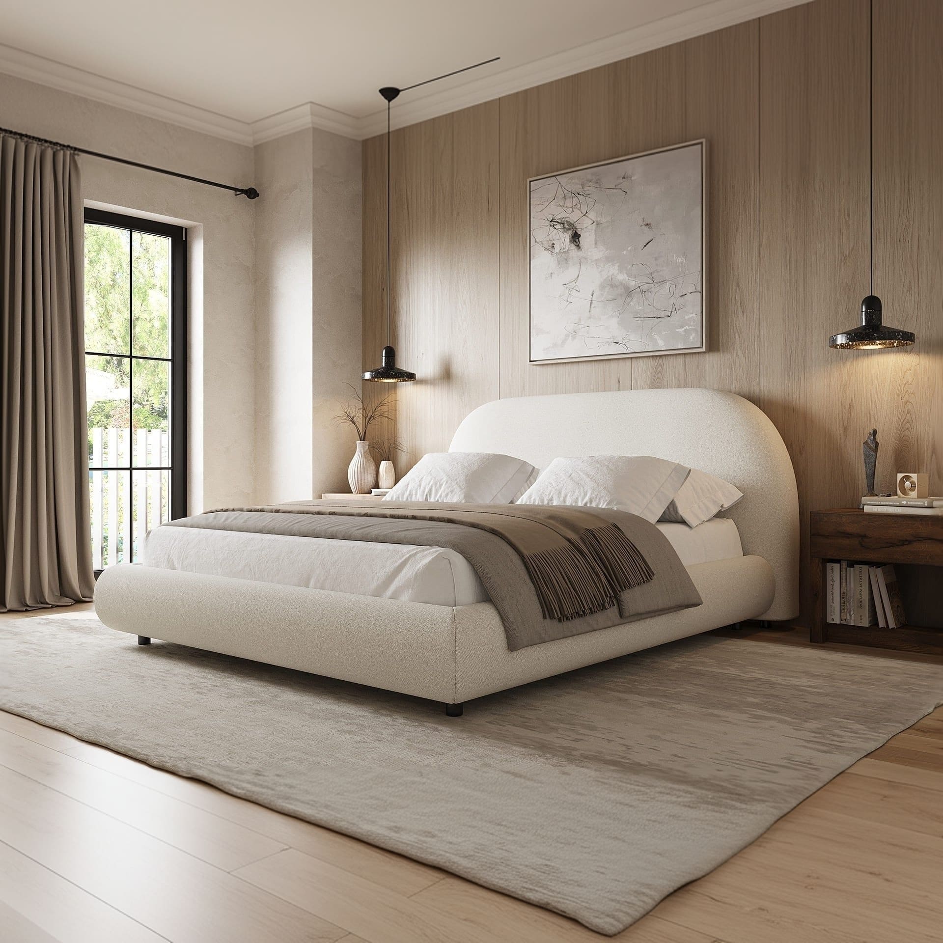 Solana Bed in cream boucle upholstery in modern bedroom setting