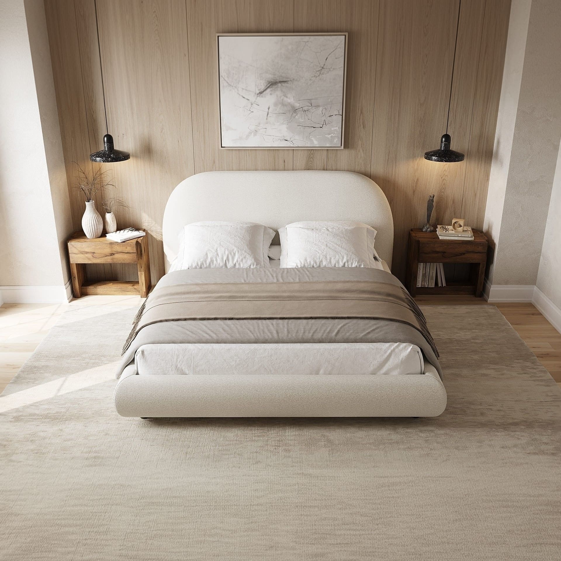 Solana Bed brown boucle finish with matching nightstands and area rug