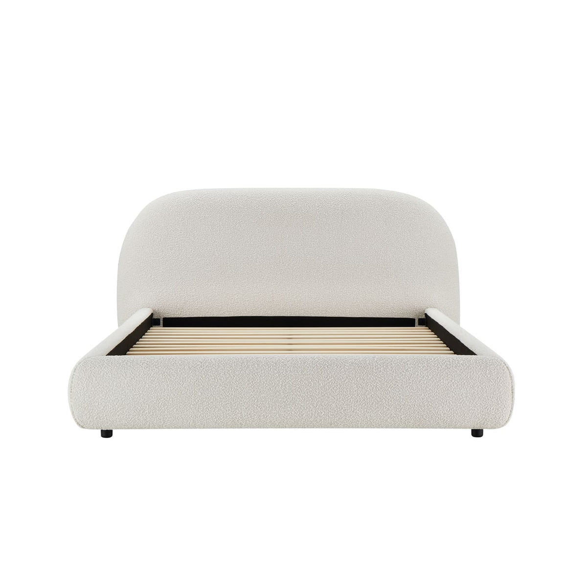White upholstered bed with wooden slats on a white background