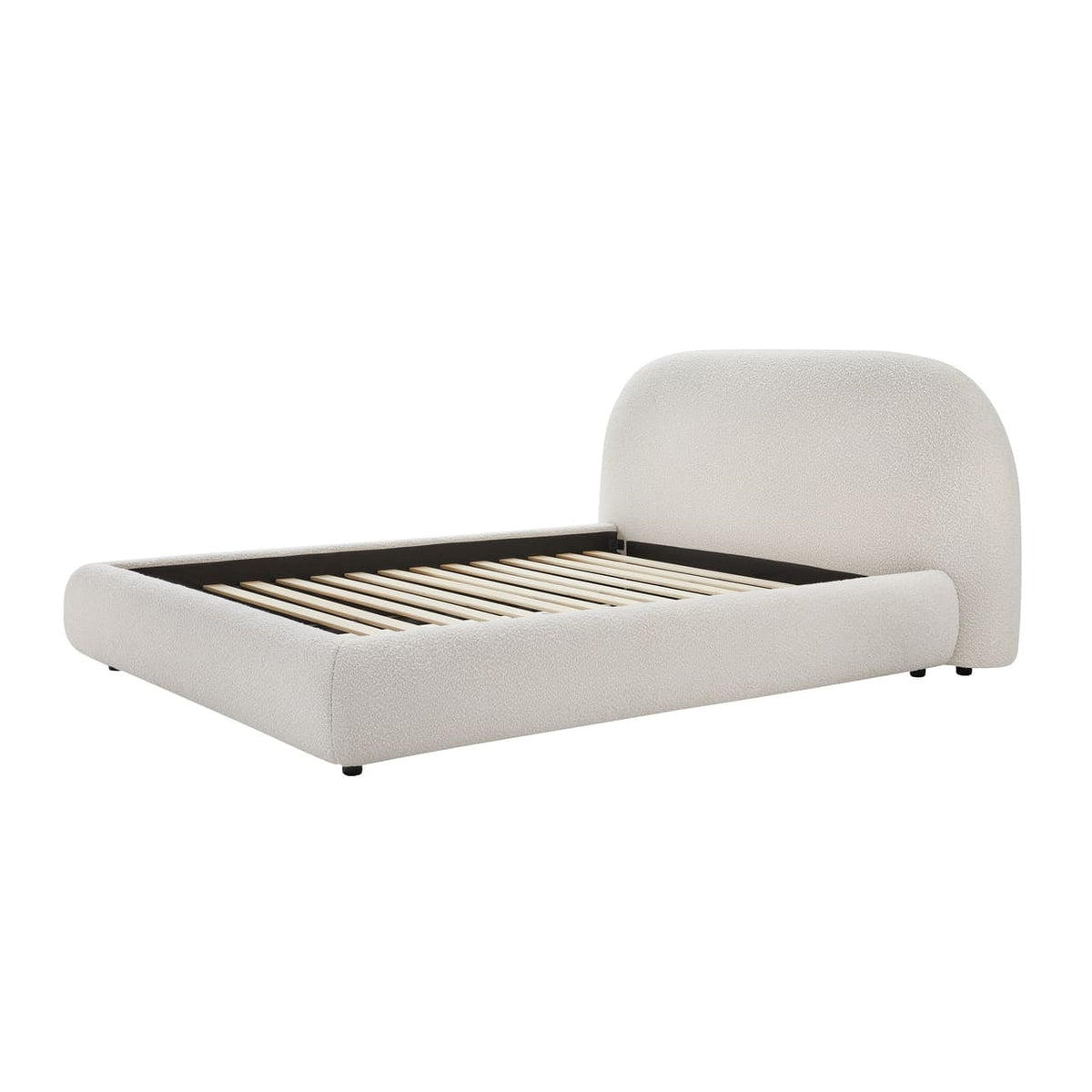Beige upholstered bed with wooden slats on a white background
