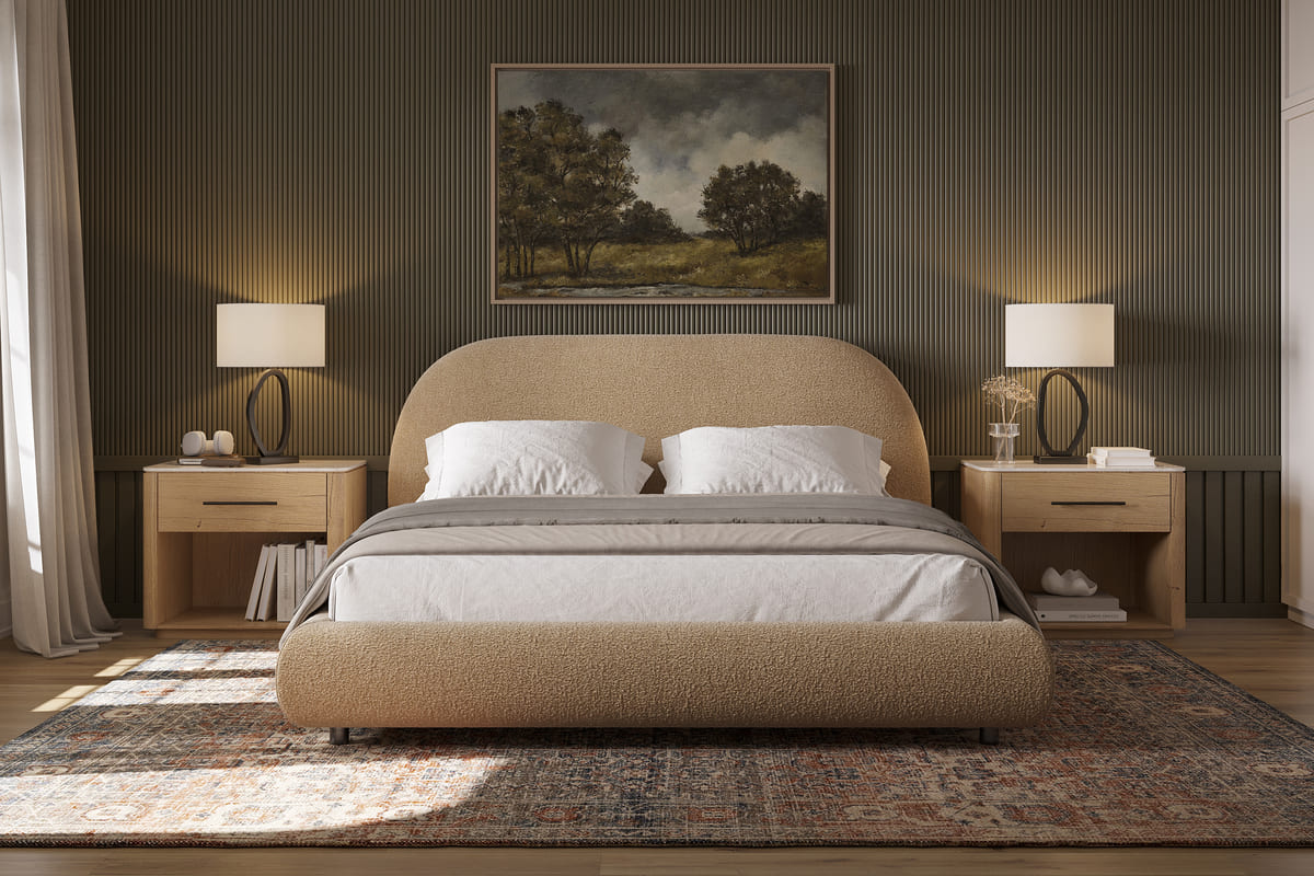 Solana Bed in cream boucle upholstery in modern bedroom setting