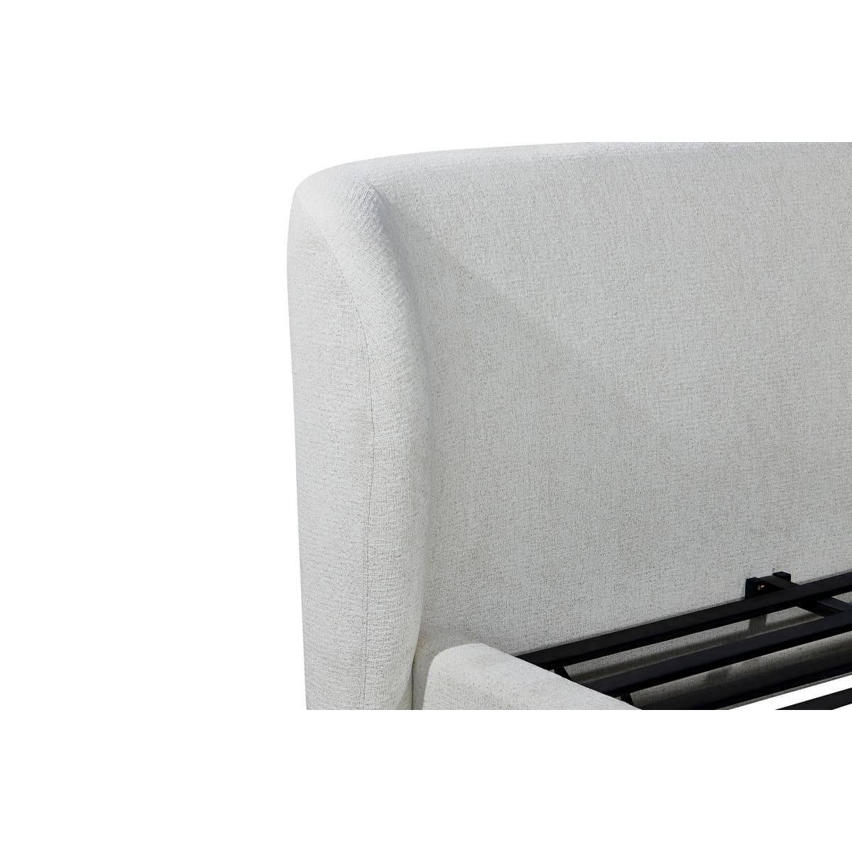 Gray tribeca bed upholstered headboard with black metal frame on a white background