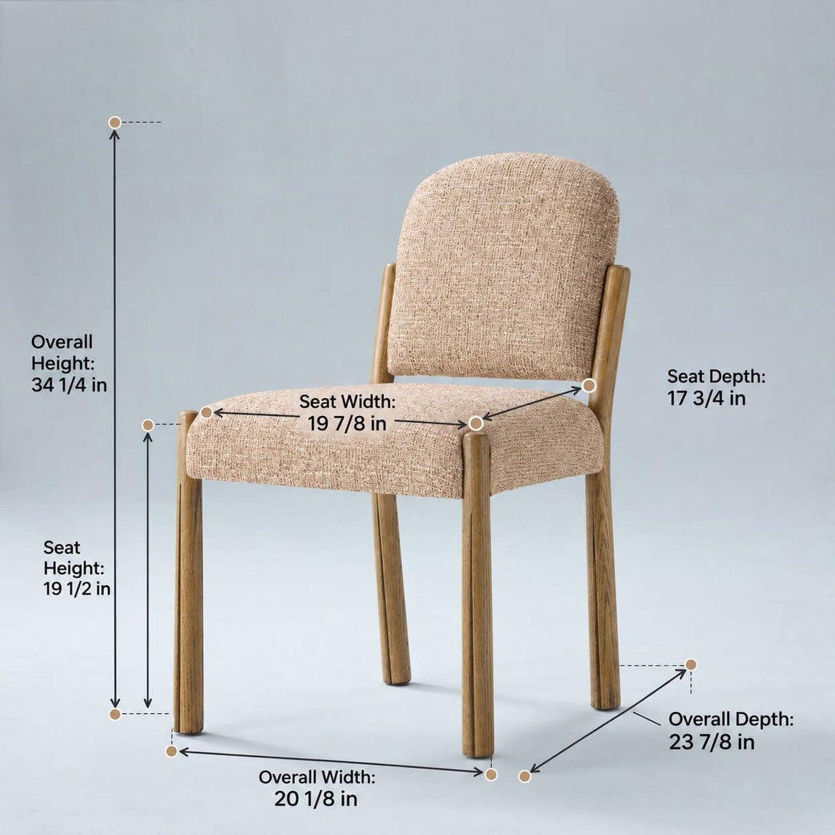 Zane Dining Chair dimensions: 34 1/4 H, 20 1/8 W, 23 7/8 D. Seat: 19 1/2" H, 19 7/8  W, 17 3/4 D